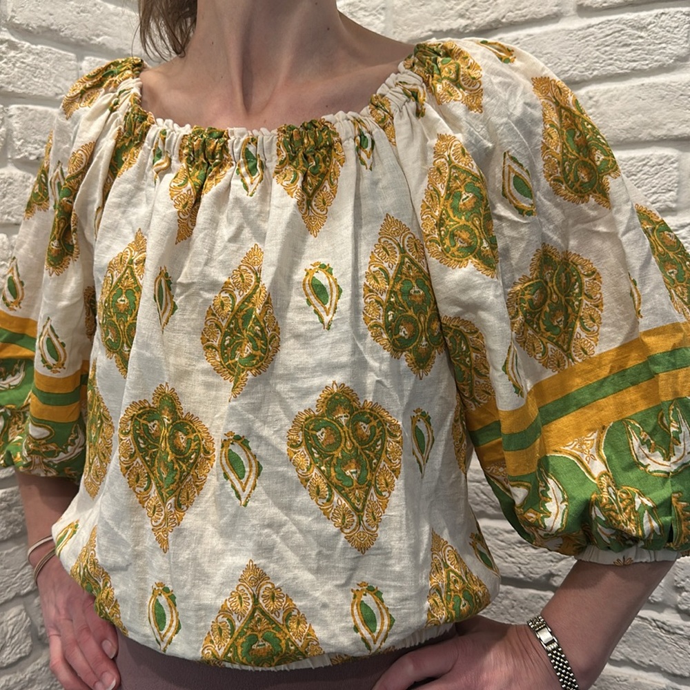 Haute Hippie Puff Sleeve Off-Shoulder Paisley Top Small Boho Chic Hippie Linen